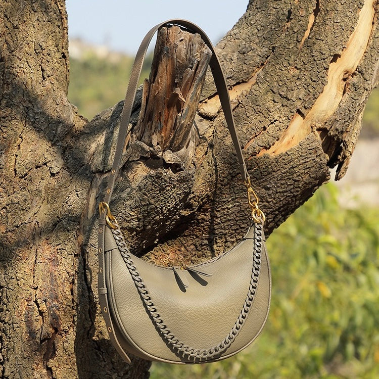 Genuine Leather Baguette Dumpling Bag with Luxe Chain