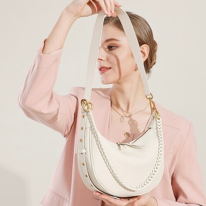 Genuine Leather Baguette Dumpling Bag with Luxe Chain