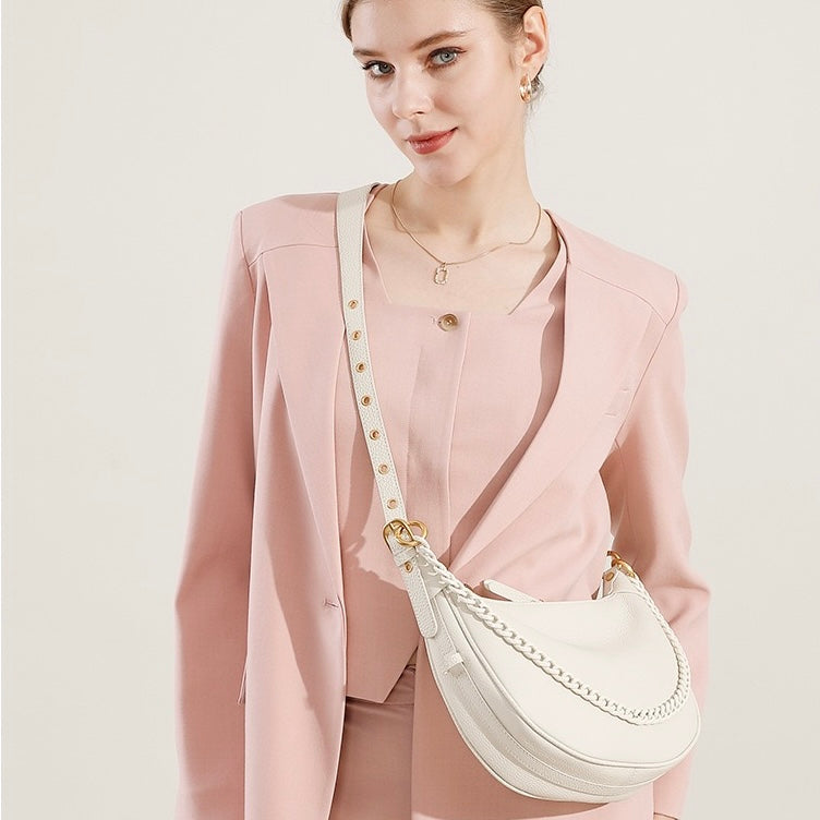 Genuine Leather Baguette Dumpling Bag with Luxe Chain