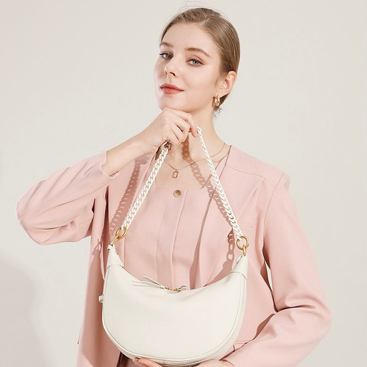 Genuine Leather Baguette Dumpling Bag with Luxe Chain