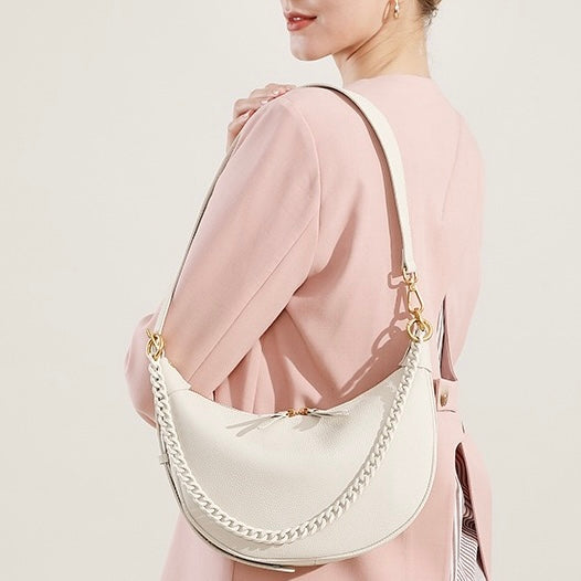 Genuine Leather Baguette Dumpling Bag with Luxe Chain