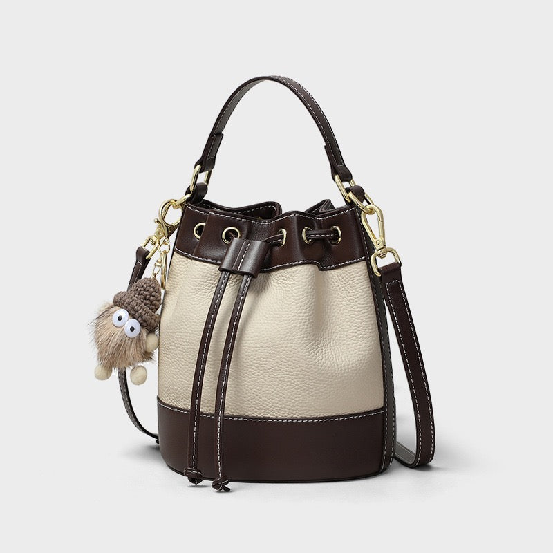 Genuine Leather Pendant Bucket Handbag – Creamy White Elegance