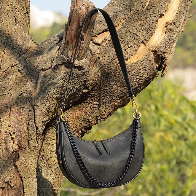 Genuine Leather Baguette Dumpling Bag with Luxe Chain