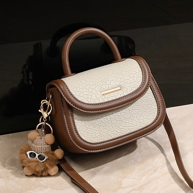 Color Block Fur Pendant Genuine Leather Crossbody Handbag