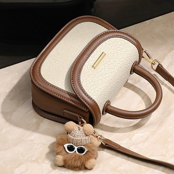 Color Block Fur Pendant Genuine Leather Crossbody Handbag