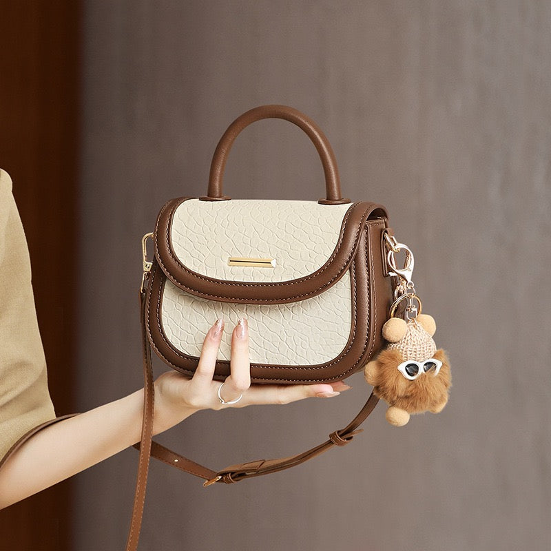 Color Block Fur Pendant Genuine Leather Crossbody Handbag