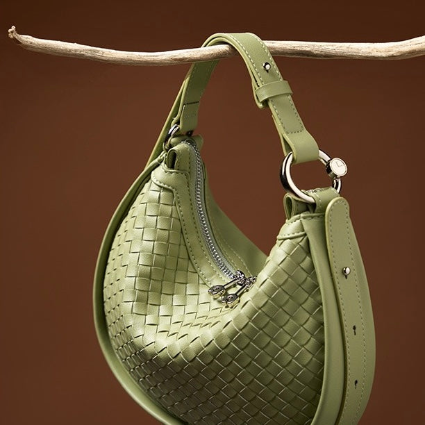 Luxury Handwoven Cowhide Crescent Moon Crossbody Bag