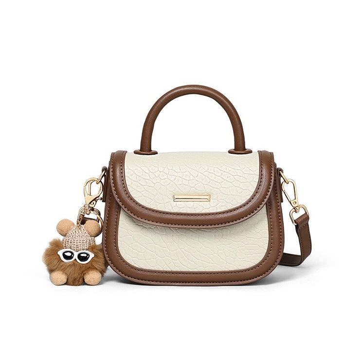 Color Block Fur Pendant Genuine Leather Crossbody Handbag