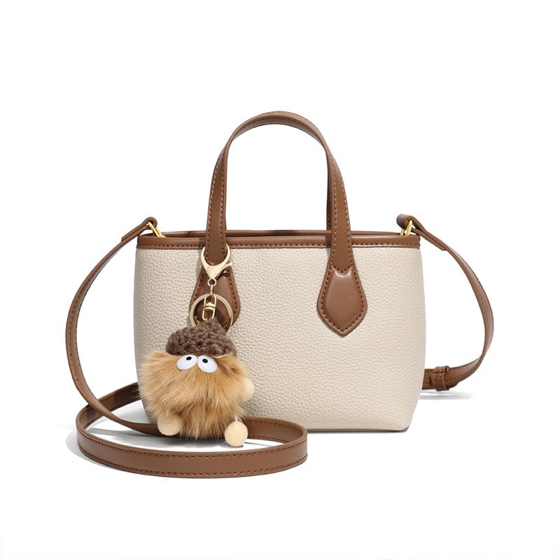 Chic Mini Leather Pom Pom Bucket Crossbody Handbag