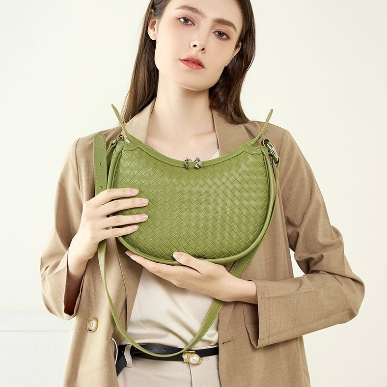 Luxury Handwoven Cowhide Crescent Moon Crossbody Bag