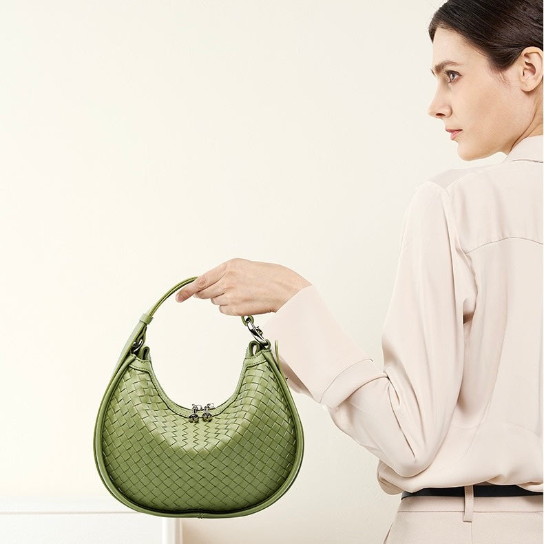Luxury Handwoven Cowhide Crescent Moon Crossbody Bag