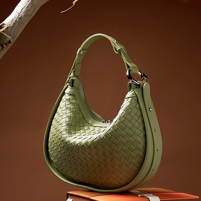 Luxury Handwoven Cowhide Crescent Moon Crossbody Bag