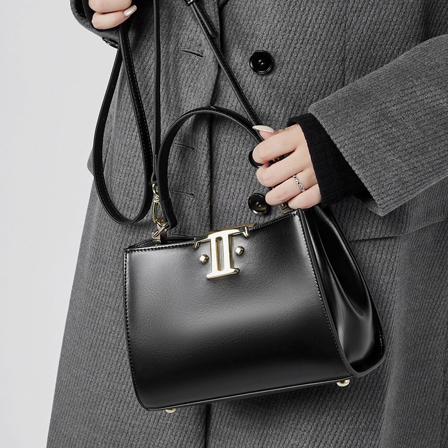 Elegant Leather Mini Commuter Tote with Dual Clasp Closure