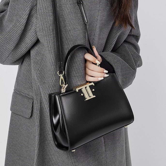 Elegant Leather Mini Commuter Tote with Dual Clasp Closure