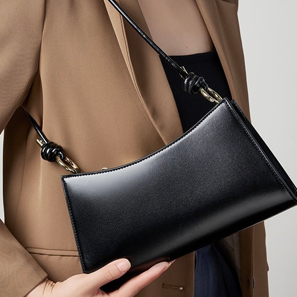 Elegant Genuine Leather Underarm Baguette Bag