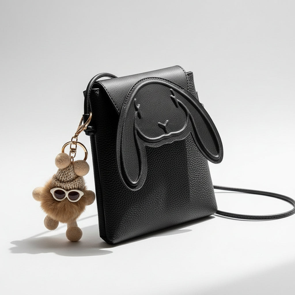 Black bag with bunny ears and a small monkey keychain on a surface.