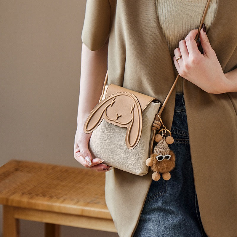Rabbit-Inspired Genuine Leather Mini Crossbody Phone Bag