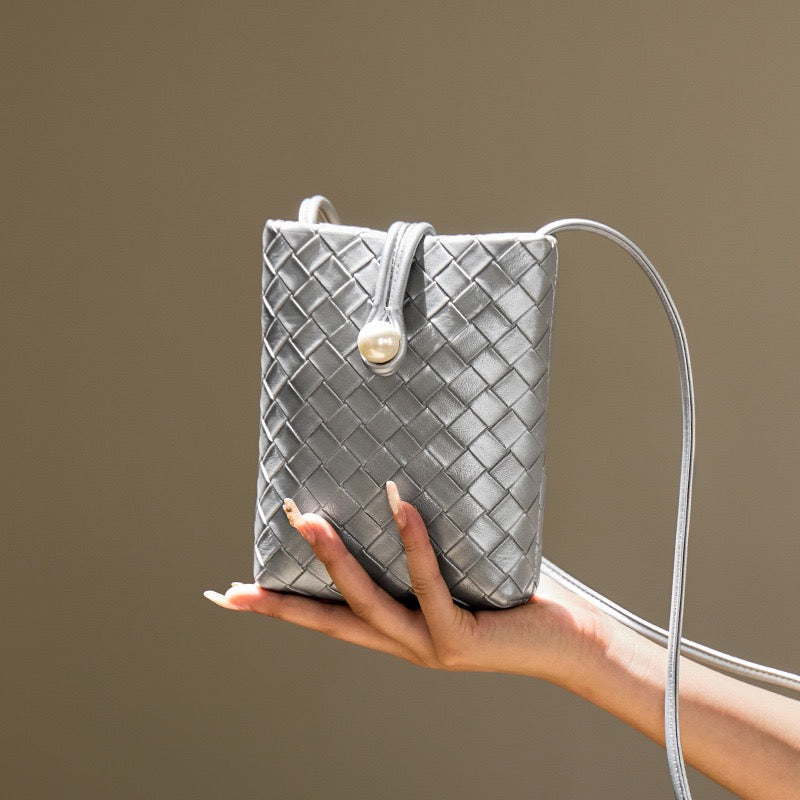 Pearl Button Genuine Leather Woven Crossbody Phone Bag
