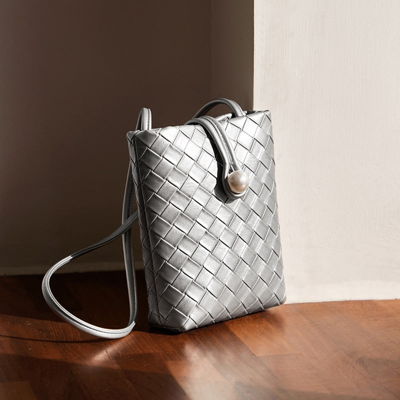 Pearl Button Genuine Leather Woven Crossbody Phone Bag