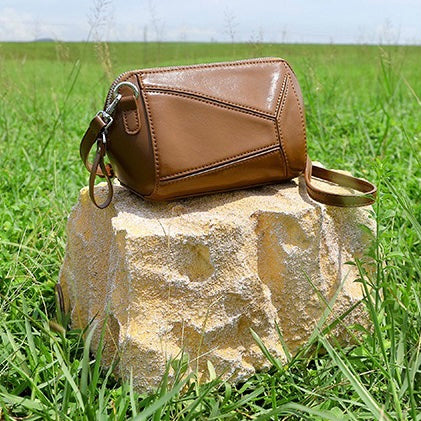 Vintage Genuine Leather Geometric Patchwork Crossbody Bag