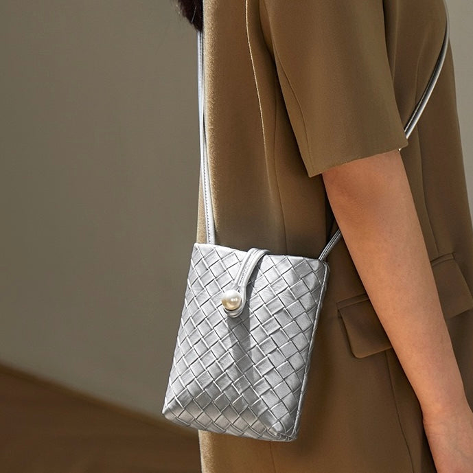 Pearl Button Genuine Leather Woven Crossbody Phone Bag