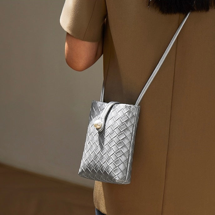 Pearl Button Genuine Leather Woven Crossbody Phone Bag