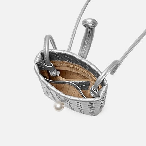 Pearl Button Genuine Leather Woven Crossbody Phone Bag