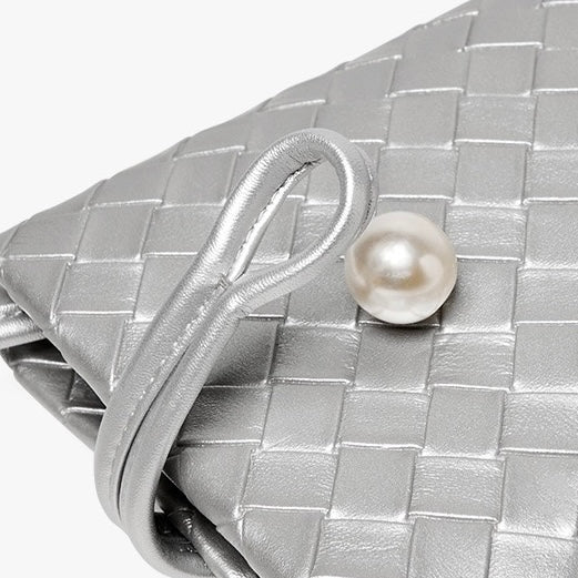 Pearl Button Genuine Leather Woven Crossbody Phone Bag