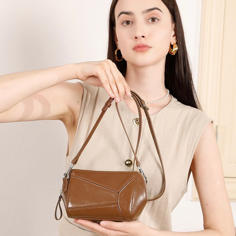 Vintage Genuine Leather Geometric Patchwork Crossbody Bag