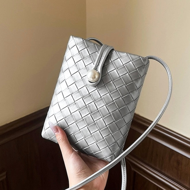 Pearl Button Genuine Leather Woven Crossbody Phone Bag