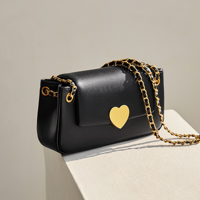 Elegant Genuine Leather Heart-Buckle Shoulder Bag