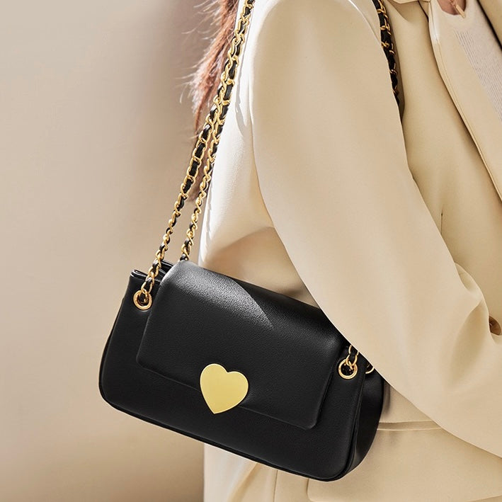 Elegant Genuine Leather Heart-Buckle Shoulder Bag