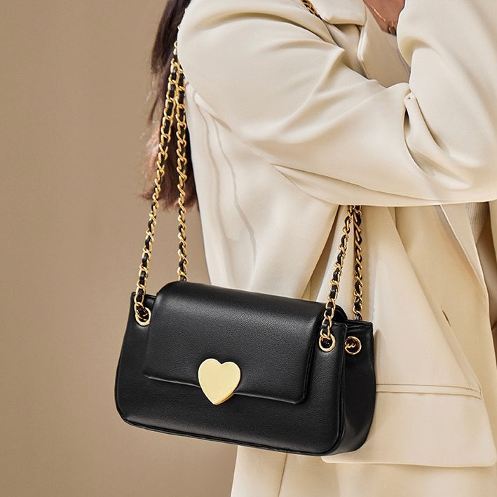 Elegant Genuine Leather Heart-Buckle Shoulder Bag