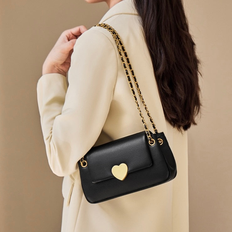 Elegant Genuine Leather Heart-Buckle Shoulder Bag