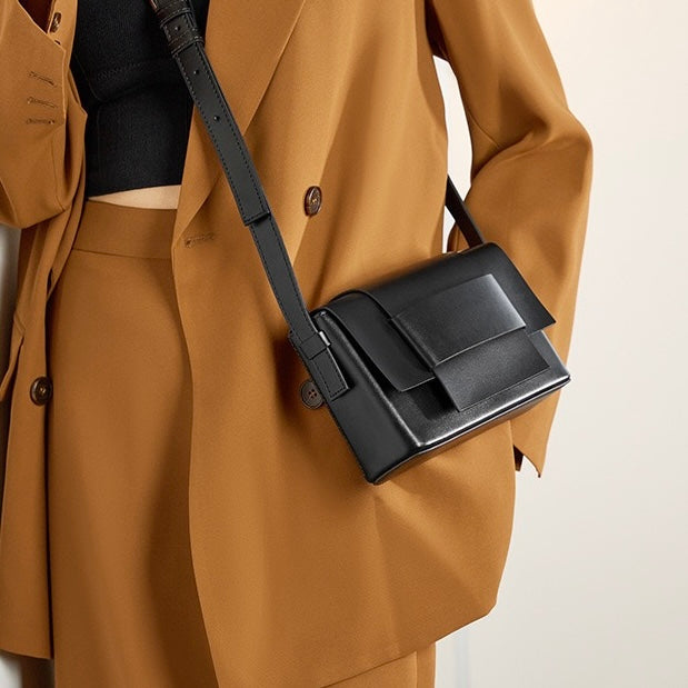 Genuine Leather Woven Box Crossbody Shoulder Bag in Minimalist Elegance