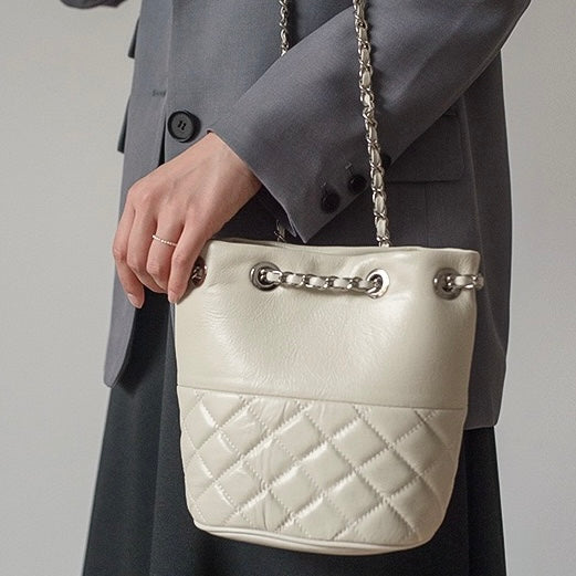 Quilted Genuine Leather Chain Bucket Bag for Elevated Style