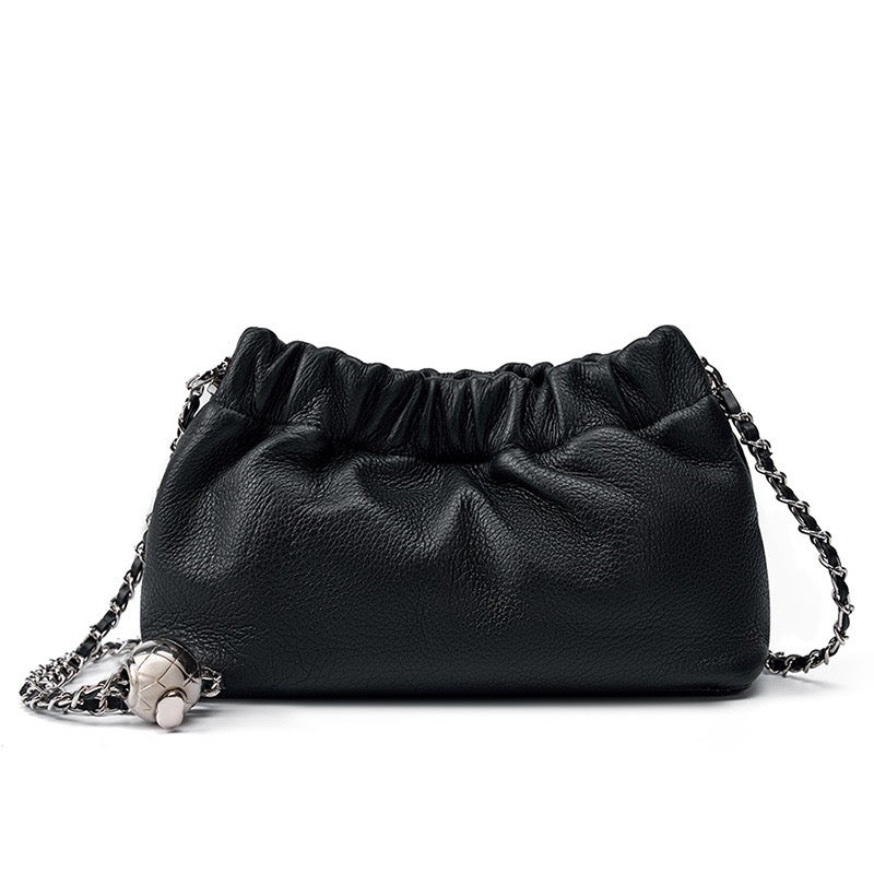 Luxury Cloud Pleated Genuine Leather Shoulder Bag with Golden Ball Chain