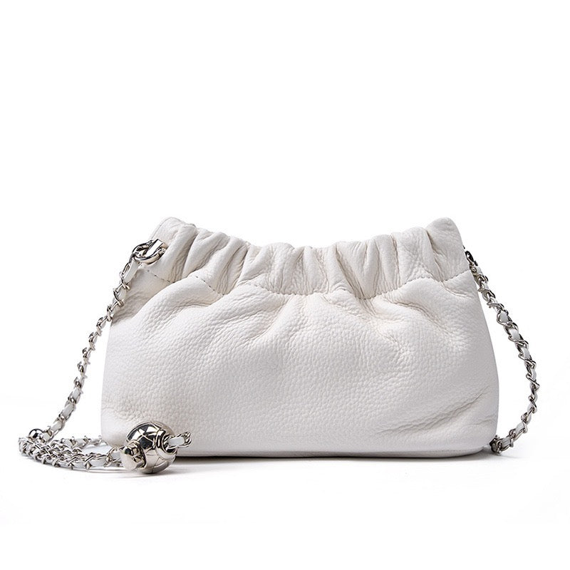 Luxury Cloud Pleated Genuine Leather Shoulder Bag with Golden Ball Chain
