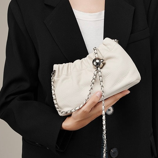 Luxury Cloud Pleated Genuine Leather Shoulder Bag with Golden Ball Chain