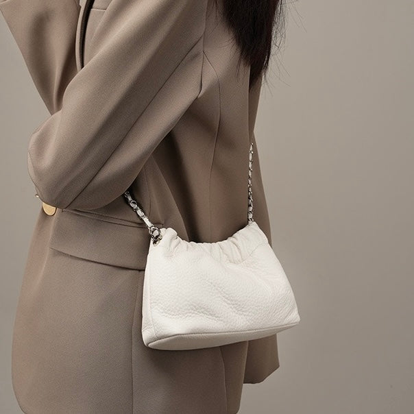 Luxury Cloud Pleated Genuine Leather Shoulder Bag with Golden Ball Chain