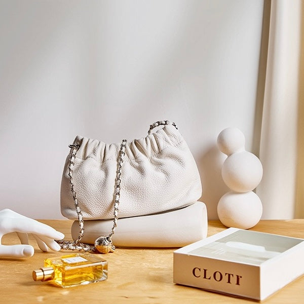 Luxury Cloud Pleated Genuine Leather Shoulder Bag with Golden Ball Chain
