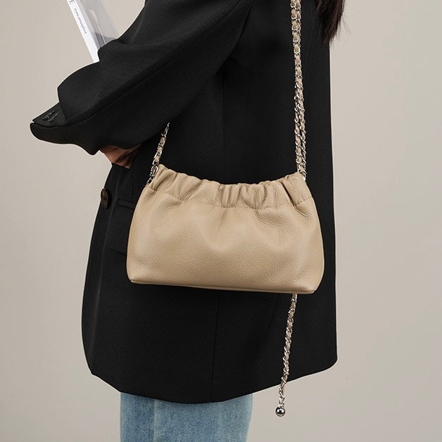 Luxury Cloud Pleated Genuine Leather Shoulder Bag with Golden Ball Chain
