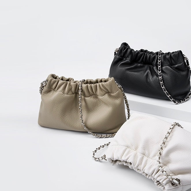 Luxury Cloud Pleated Genuine Leather Shoulder Bag with Golden Ball Chain