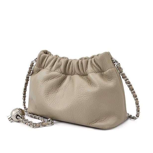 Luxury Cloud Pleated Genuine Leather Shoulder Bag with Golden Ball Chain