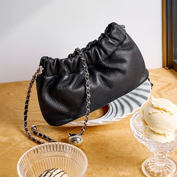 Luxury Cloud Pleated Genuine Leather Shoulder Bag with Golden Ball Chain