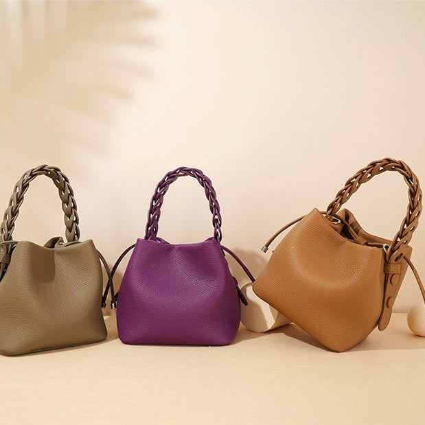 Genuine Leather Luxe Commuting Bucket Bag - Elegant Multiway Accessory