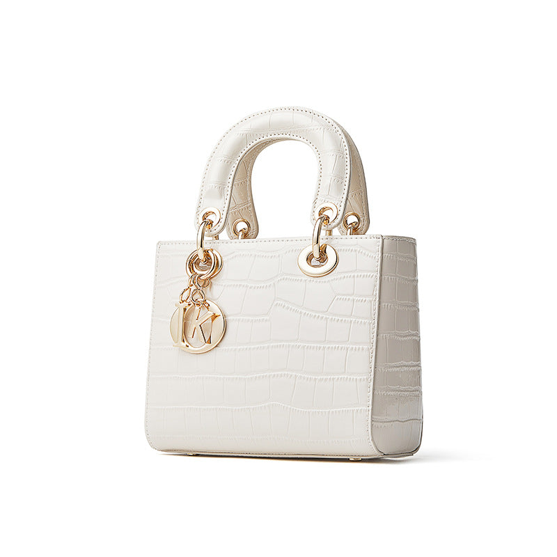Croc-Embossed Genuine Leather Top-Handle Bag in Creamy White and Black
