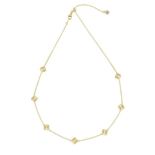 Gold Clover Necklace Aurelia - Seven Sunburst Clover Charms on 14K Gold Plated Sterling Silver, 40cm+5cm Velanci
