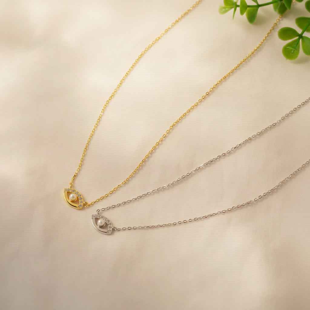 Luminous Eye Necklace Giovanna - Pearl Accent, CZ Pavé, 16-18in Adjustable Chain, 925 Silver, Optional 18K Gold Finish Velanci