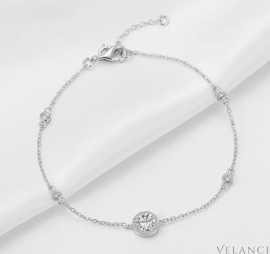 Sterling Silver Bracelet Fine Halo Giulia - Rhodium Plated CZ Halo Centerpiece Velanci